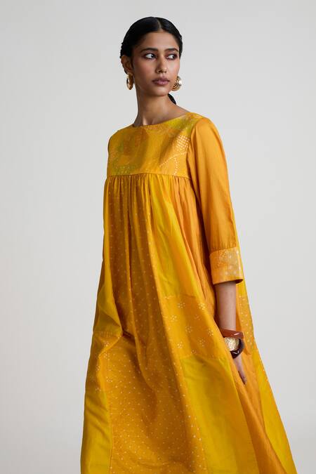 Shop_Naina Jain_Yellow Silk Embroidery Round Neck Printed And Bandhani Midi Dress _Online_at_Aza_Fashions