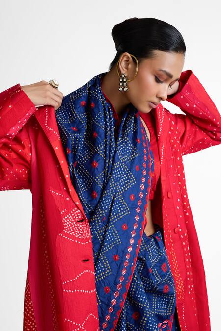 Shop_Naina Jain_Red Silk Collared Bandhani Print Long Jacket _Online_at_Aza_Fashions