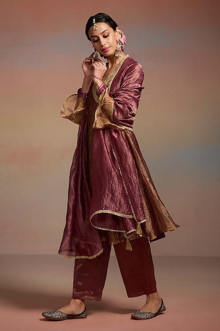 Dressfolk Purple Tissue Embroidery, Tassels V-neck Raahini Neckline Kurta Set Online at Aza Fashions Dressfolk_Purple Tissue Embroidery, Tassels V-neck Raahini Neckline Kurta Set _Online_at_Aza_Fashions