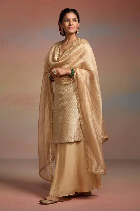 Dressfolk Gold Tissue Embroidery, Zari V-neck Taraani Woven Kurta Sharara Set Online at Aza Fashions Dressfolk_Gold Tissue Embroidery, Zari V-neck Taraani Woven Kurta Sharara Set _Online_at_Aza_Fashions