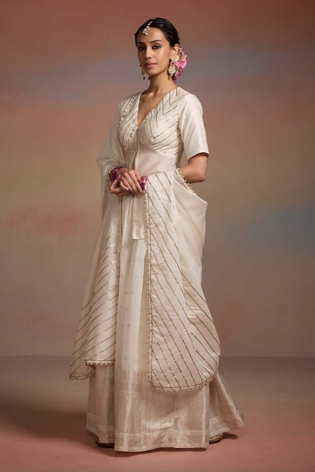 Dressfolk_Ivory Silk Zari, Sequins, Embroidery, Beads Triptika Woven Kurta Lehenga Set _Online_at_Aza_Fashions