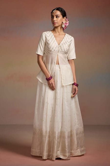 Dressfolk_Ivory Silk Zari, Sequins, Embroidery, Beads Triptika Woven Kurta Lehenga Set _at_Aza_Fashions