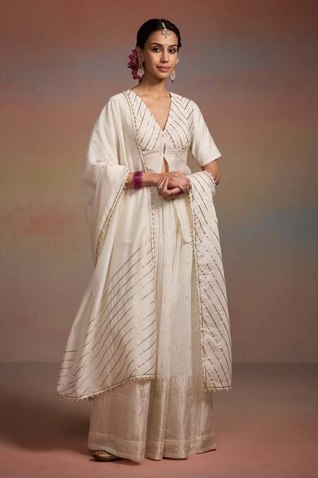 Shop_Dressfolk_Ivory Silk Zari, Sequins, Embroidery, Beads Triptika Woven Kurta Lehenga Set 