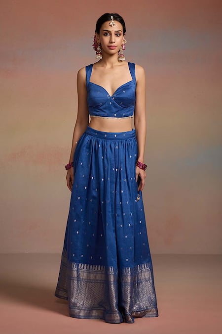 Dressfolk_Blue Silk Zari, Embroidery, Metallic Thread Sweetheart Raunaq Woven Lehenga Set _Online_at_Aza_Fashions