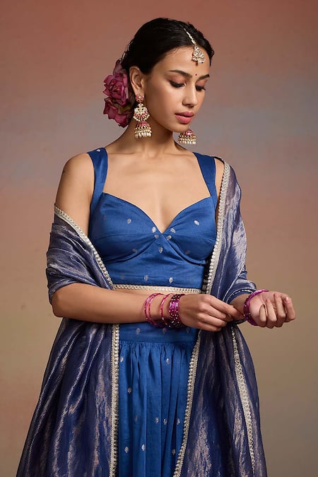 Shop_Dressfolk_Blue Silk Zari, Embroidery, Metallic Thread Sweetheart Raunaq Woven Lehenga Set _Online_at_Aza_Fashions