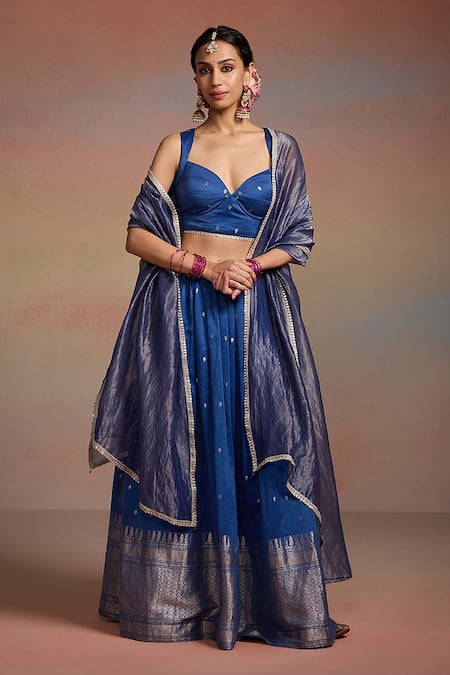 Dressfolk_Blue Silk Zari, Embroidery, Metallic Thread Sweetheart Raunaq Woven Lehenga Set _at_Aza_Fashions