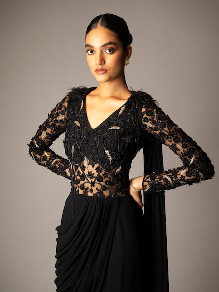 Vivek Patel Black Georgette Beads, Cut Work V-neck Embellished Yoke Saree Gown Online at Aza Fashions Vivek Patel_Black Georgette Beads, Cut Work V-neck Embellished Yoke Saree Gown _Online_at_Aza_Fashions