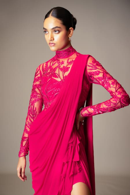 Vivek Patel_Fuchsia Georgette Sequins, Beads, Embroidery High Resham Embellished Saree Gown _Online_at_Aza_Fashions