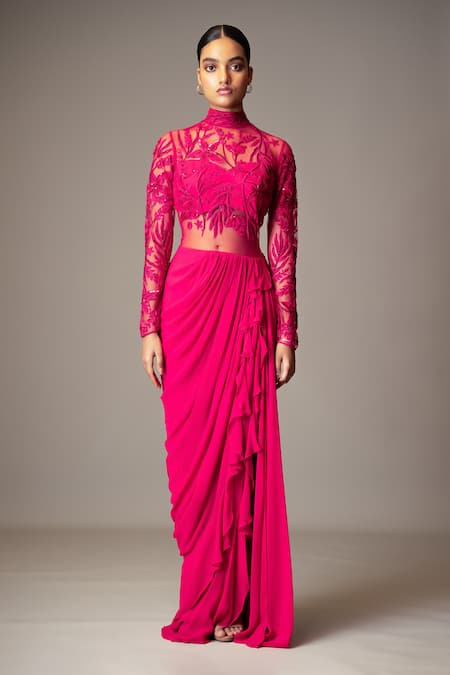 Buy_Vivek Patel_Fuchsia Georgette Sequins, Beads, Embroidery High Resham Embellished Saree Gown _Online_at_Aza_Fashions