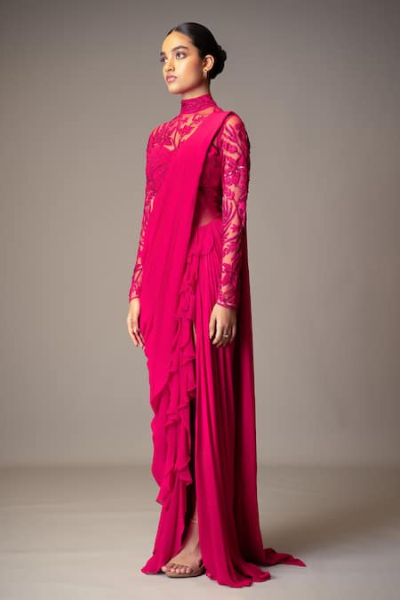 Shop_Vivek Patel_Fuchsia Georgette Sequins, Beads, Embroidery High Resham Embellished Saree Gown _Online_at_Aza_Fashions