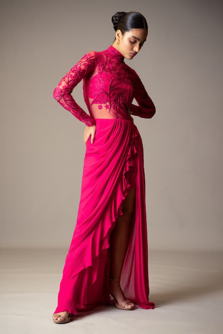 Vivek Patel_Fuchsia Georgette Sequins, Beads, Embroidery High Resham Embellished Saree Gown _at_Aza_Fashions