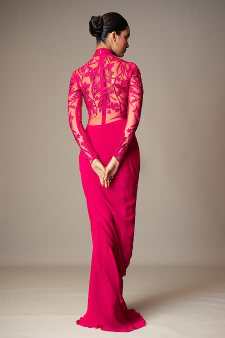 Buy_Vivek Patel_Fuchsia Georgette Sequins, Beads, Embroidery High Resham Embellished Saree Gown 
