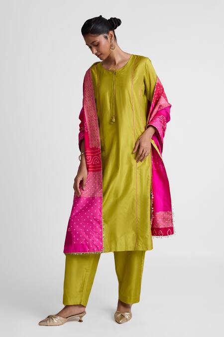 Buy_Naina Jain_Lime Silk Beads, Gota Plain Kurta And Pant Set With Bandhani Patchwork Dupatta _Online_at_Aza_Fashions