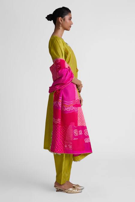 Naina Jain_Lime Silk Beads, Gota Plain Kurta And Pant Set With Bandhani Patchwork Dupatta _at_Aza_Fashions