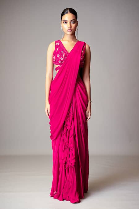 Vivek Patel Ruffle Detailed Pre-Draped Saree With Embellished Blouse