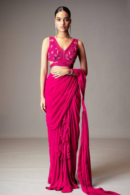 Vivek Patel_Fuchsia Georgette, Silk Ruffle Detailed Pre-draped Saree With Embellished Blouse _Online_at_Aza_Fashions
