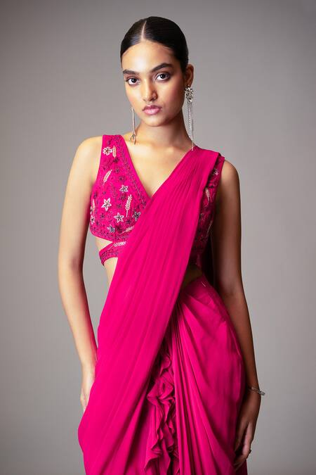 Buy_Vivek Patel_Fuchsia Georgette, Silk Ruffle Detailed Pre-draped Saree With Embellished Blouse _Online_at_Aza_Fashions