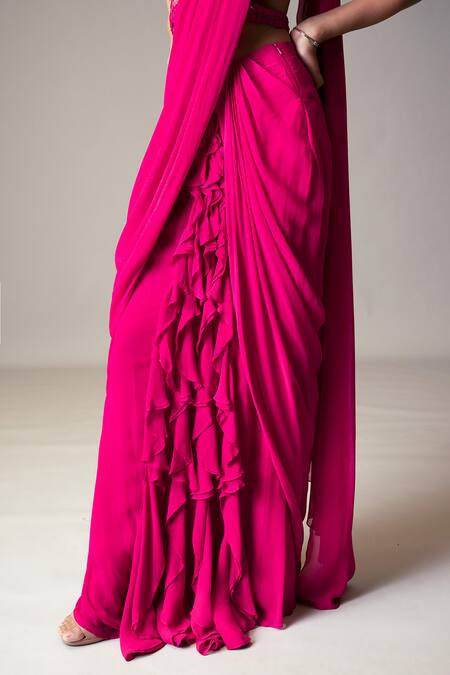 Shop_Vivek Patel_Fuchsia Georgette, Silk Ruffle Detailed Pre-draped Saree With Embellished Blouse _Online_at_Aza_Fashions