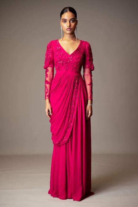 Vivek Patel Fuchsia Georgette Sequins, Beads, Cut Work Embellished Pre-draped Saree Gown