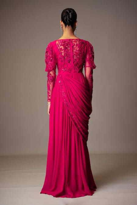Shop Vivek Patel Fuchsia Georgette Sequins, Beads, Cut Work Embellished Pre-draped Saree Gown at Aza Fashions Shop_Vivek Patel_Fuchsia Georgette Sequins, Beads, Cut Work Embellished Pre-draped Saree Gown _at_Aza_Fashions