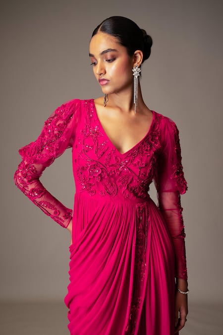 Buy Vivek Patel Fuchsia Georgette Sequins, Beads, Cut Work Embellished Pre-draped Saree Gown Online at Aza Fashions Buy_Vivek Patel_Fuchsia Georgette Sequins, Beads, Cut Work Embellished Pre-draped Saree Gown _Online_at_Aza_Fashions