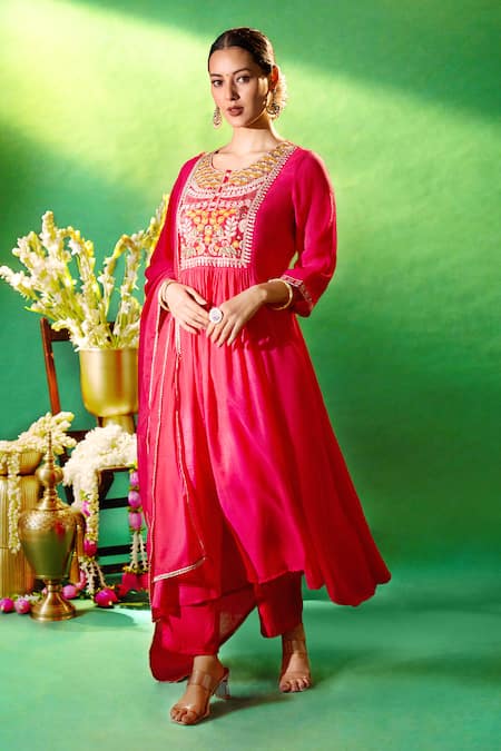 Samyukta Singhania Red Chanderi, Shantoon Embroidery Round Neck, Split Yoke Anarkali Kurta Set