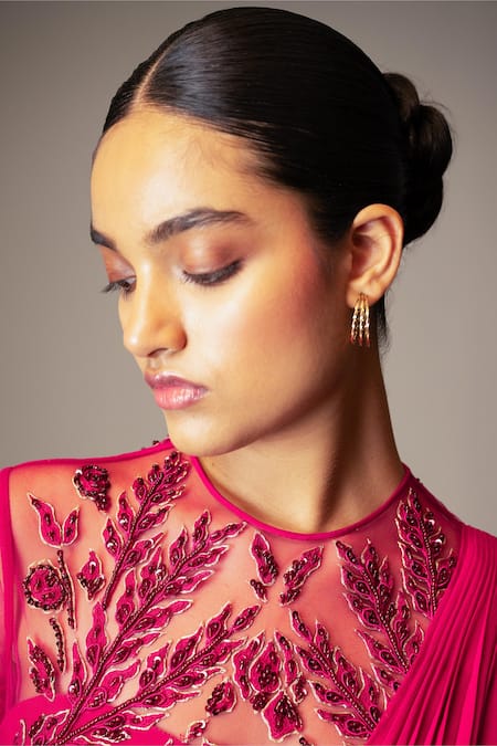 Vivek Patel_Pink Viscose Georgette Round Embroidered Saree Gown_Online_at_Aza_Fashions