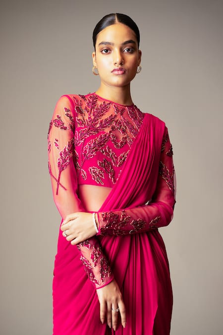 Buy_Vivek Patel_Pink Viscose Georgette Round Embroidered Saree Gown_Online_at_Aza_Fashions