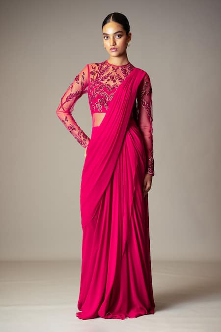 Shop_Vivek Patel_Pink Viscose Georgette Round Embroidered Saree Gown_Online_at_Aza_Fashions