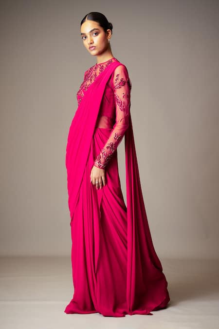 Vivek Patel_Pink Viscose Georgette Round Embroidered Saree Gown_at_Aza_Fashions