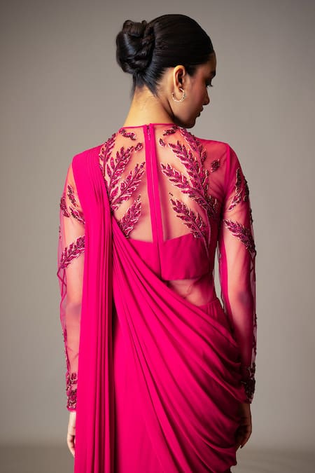 Buy_Vivek Patel_Pink Viscose Georgette Round Embroidered Saree Gown