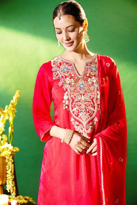 Shop_Samyukta Singhania_Red Silk, Shantoon, Chiffon Embroidery Split V-neck Kurta Pant Set 