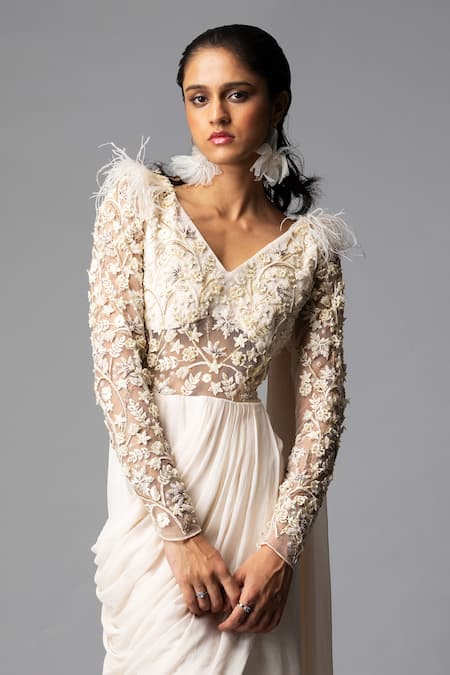 Vivek Patel_Ivory Georgette Beads, Cut Work, Embroidery V-neck Cocktail Hand Saree Gown _Online_at_Aza_Fashions