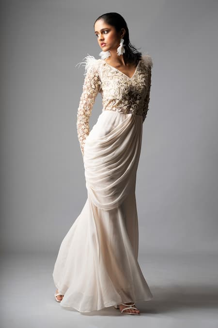 Buy_Vivek Patel_Ivory Georgette Beads, Cut Work, Embroidery V-neck Cocktail Hand Saree Gown _Online_at_Aza_Fashions