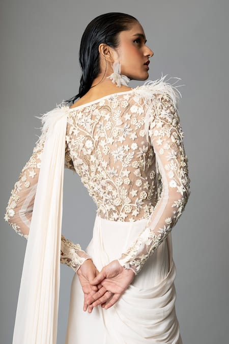 Shop_Vivek Patel_Ivory Georgette Beads, Cut Work, Embroidery V-neck Cocktail Hand Saree Gown _Online_at_Aza_Fashions