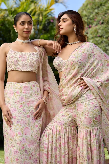 House Of Karmah_Beige Modal, Satin, Ember Floral Print Pre-draped Gharara Saree With Bustier _at_Aza_Fashions