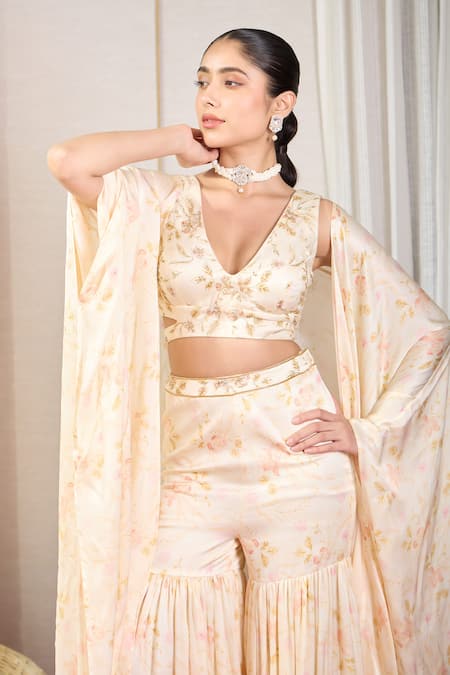 House Of Karmah_Beige Satin, Georgette Embroidery, Amber Bloom Floral Print Blouse Gharara Set _Online_at_Aza_Fashions
