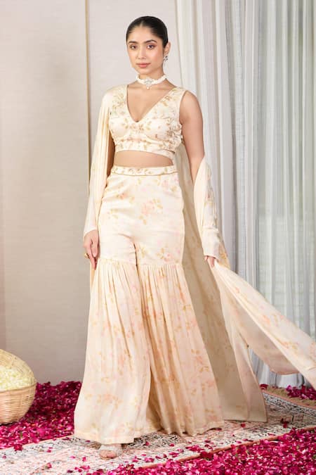 Buy_House Of Karmah_Beige Satin, Georgette Embroidery, Amber Bloom Floral Print Blouse Gharara Set _Online_at_Aza_Fashions