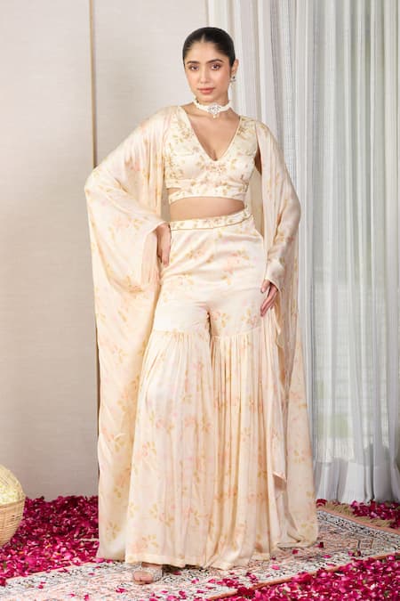 Shop_House Of Karmah_Beige Satin, Georgette Embroidery, Amber Bloom Floral Print Blouse Gharara Set _Online_at_Aza_Fashions