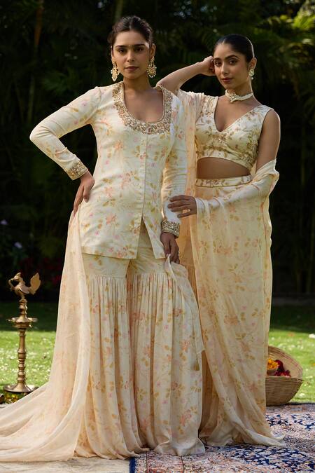 House Of Karmah_Beige Modal, Satin, Organza Embroidery, Beads, Floral Print Kurta Gharara Set _Online_at_Aza_Fashions
