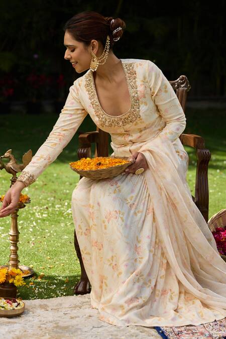 Buy_House Of Karmah_Beige Modal, Satin, Organza Embroidery, Beads, Floral Print Kurta Gharara Set _Online_at_Aza_Fashions