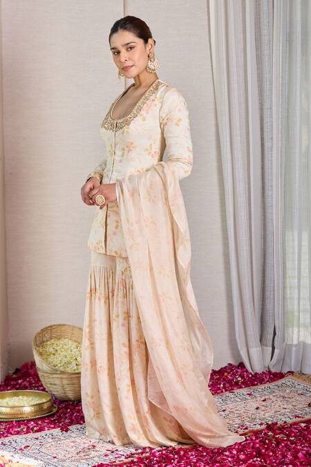 Shop_House Of Karmah_Beige Modal, Satin, Organza Embroidery, Beads, Floral Print Kurta Gharara Set _Online_at_Aza_Fashions
