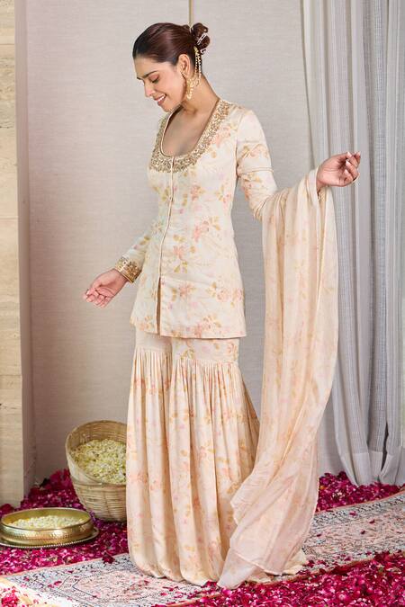House Of Karmah_Beige Modal, Satin, Organza Embroidery, Beads, Floral Print Kurta Gharara Set _at_Aza_Fashions