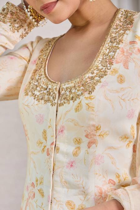 Buy_House Of Karmah_Beige Modal, Satin, Organza Embroidery, Beads, Floral Print Kurta Gharara Set 