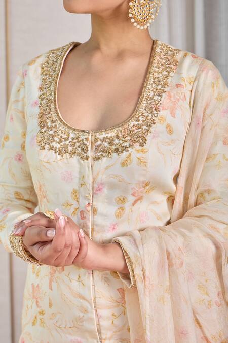 Shop_House Of Karmah_Beige Modal, Satin, Organza Embroidery, Beads, Floral Print Kurta Gharara Set 