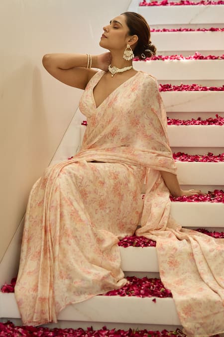 Buy_House Of Karmah_Pink Satin, Georgette, Blush Meadow Floral Print Pre-draped Saree With Blouse _Online_at_Aza_Fashions