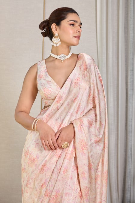 Shop_House Of Karmah_Pink Satin, Georgette, Blush Meadow Floral Print Pre-draped Saree With Blouse _Online_at_Aza_Fashions