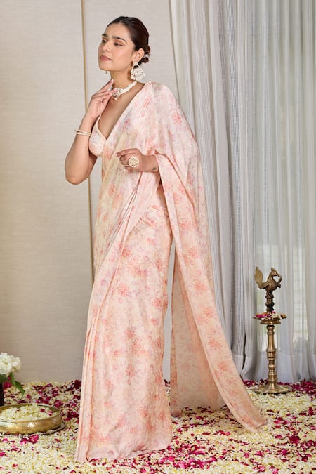 Buy_House Of Karmah_Pink Satin, Georgette, Blush Meadow Floral Print Pre-draped Saree With Blouse 