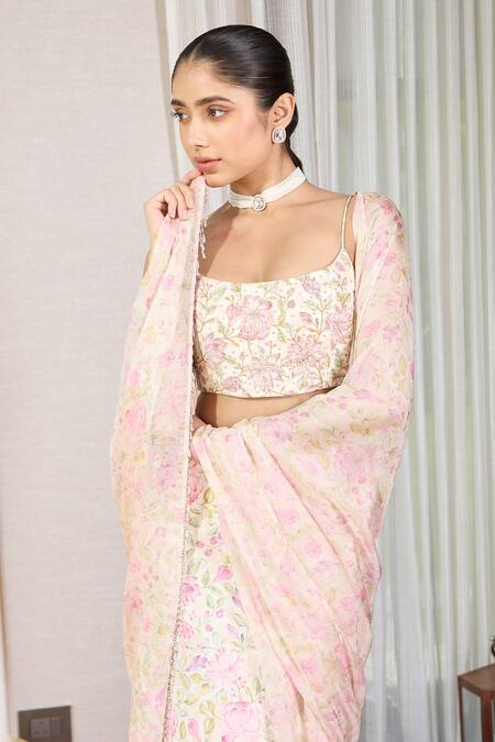 House Of Karmah_Off White Modal, Satin, Organza Bloomdust Floral Print Bustier Skirt Set _Online_at_Aza_Fashions