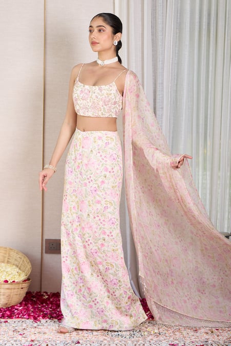 Buy_House Of Karmah_Off White Modal, Satin, Organza Bloomdust Floral Print Bustier Skirt Set _Online_at_Aza_Fashions